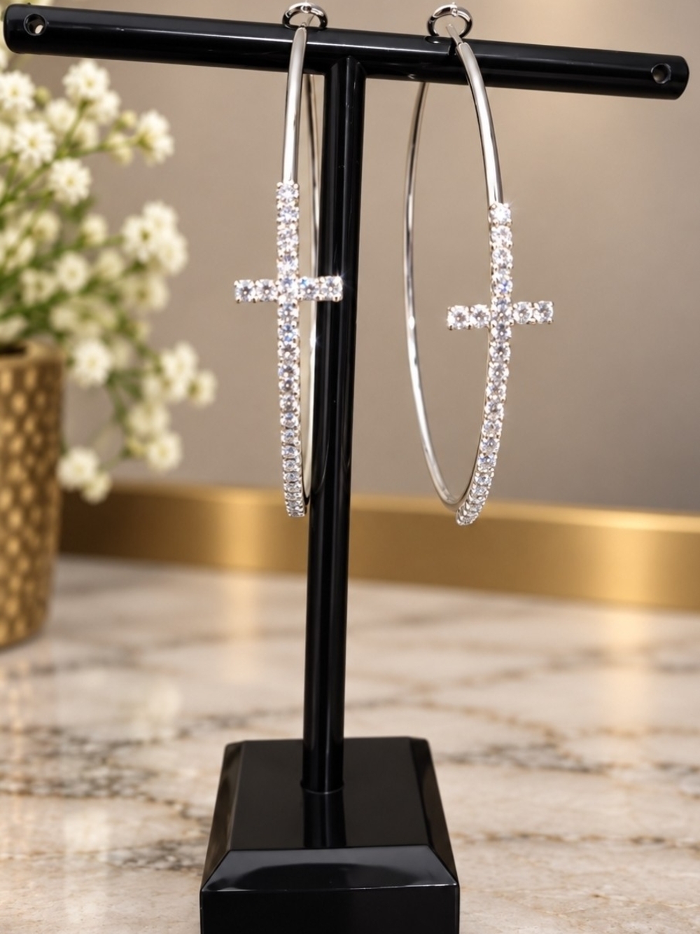 Silver Crystal Cross Hoop Earrings - Large 2.5"